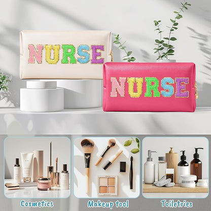 CY2SIDE NURSE Letter Makeup Bag - Colorful Chenille Letter Patch Cosmetic Bag Pink PU Leather Patch Travel Pouch Waterproof Portable Zipper Travel Organizer Case Christmas Gifts for Nurse Women