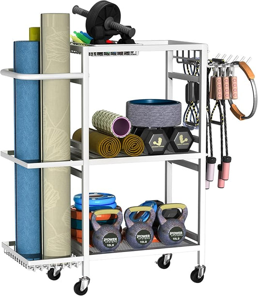 Home Gym Storage Rack, 3 Tier Yoga Mat Storage Rack with Wheel for Yoga Lover, Exercise Equipment and Workout Equipment Organizer, Yoga Mat Holder for Yoga Mats, Foam Roller and Dumbbells