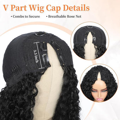 HUA V Part Wig Human Hair Kinky Curly Upgrade UPart Wigs for Black Women Human Hair Mixed Synthetic 16 Inch Vpart Wigs Curly Glueless Half Wig 180% Density Natural Black Color Beginner Friendly