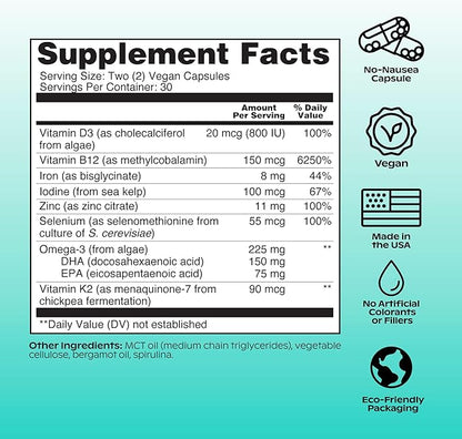 wholier -Plant-Based Vegan Multivitamin Omega 3 DHA + EPA, Vitamin D, Vitamin B12, Zinc, Vitamin K2, Iron, Iodine, Selenium. 60 Count (30-Day Supply) (Compostable Refill)