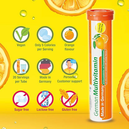 German Multvitamin 10 Vitamins - 480 Vegan Drink Effervescent Tablets - Orange Flavor - Made in Germany