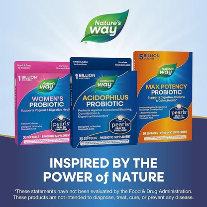 Nature's Way Acidophilus Probiotic Pearls, Supports Digestive Balance and Gut Health*, Protects Against Occasional Constipation and Bloating*, 1 Billion Live Cultures, 30 Softgels (Packaging May Vary)