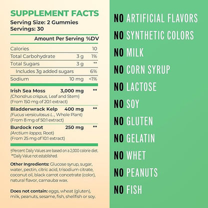 Irish Sea Moss Gummies with Burdock Root & Bladderwrack for Immune Support, Energy Boost, Skin & Hair, Detox - Adult Women & Men, Kids 60pcs