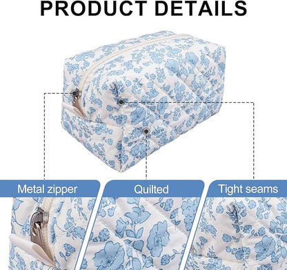 Quilted Makeup Bag,Small Travel Floral Cosmetic Bag Cute Pouch,Cotton Makeup Brushes Storage Bag for Women