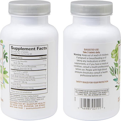 Quantum Health Super Lysine+ / Advanced Formula Lysine+ Immune Support with Vitamin C, Echinacea, Licorice, Propolis, Odorless Garlic (180 Tablets), Packaging may vary