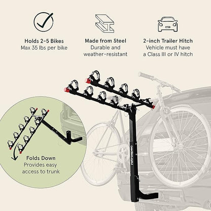 Retrospec Lenox 2-5 - Bike Hitch Rack for Cars, Trucks, SUVs with 2” Hitch | Foldable Steel Frame with Anti-Rattle Adapter, Tie Down Cradles and Straps - Fits Most Frames