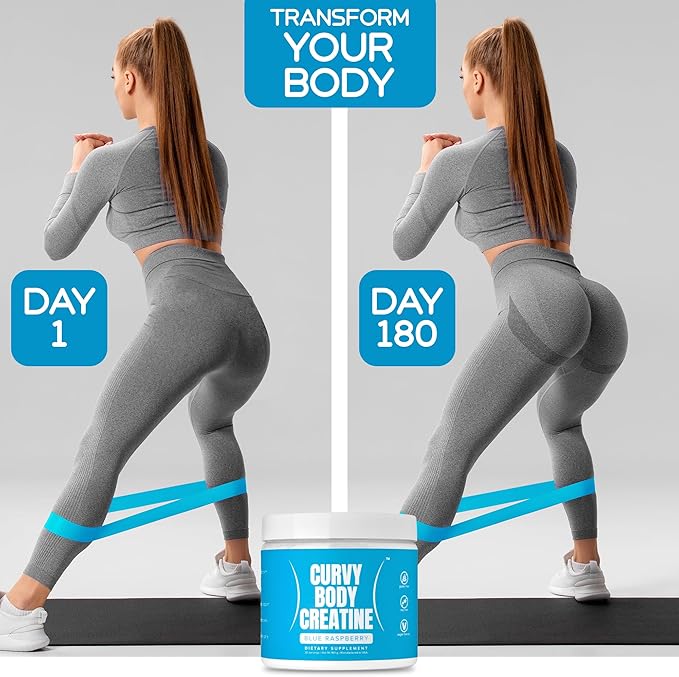 Curvy Body Creatine Monohydrate Powder | Workout Support | Vegan | Kosher | Blue Raspberry Flavor 180 Grams (30 Servings)