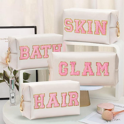 CY2SIDE GLAM Letter Makeup Bag - 4PCS Pink Glam Skin Hair Bath Chenille Letter Patch Cosmetic Bag Preppy PU Leather Patch Pouch Waterproof Portable Zipper Travel Organizer Xmas Gifts for Women Girls
