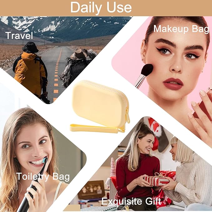 Portable Silicone Makeup Bag for Women, Small Travel Waterproof Toiletry Cosmetic Bag, Zipper Closure Organizer Makeup Case with Handle (Yellow)