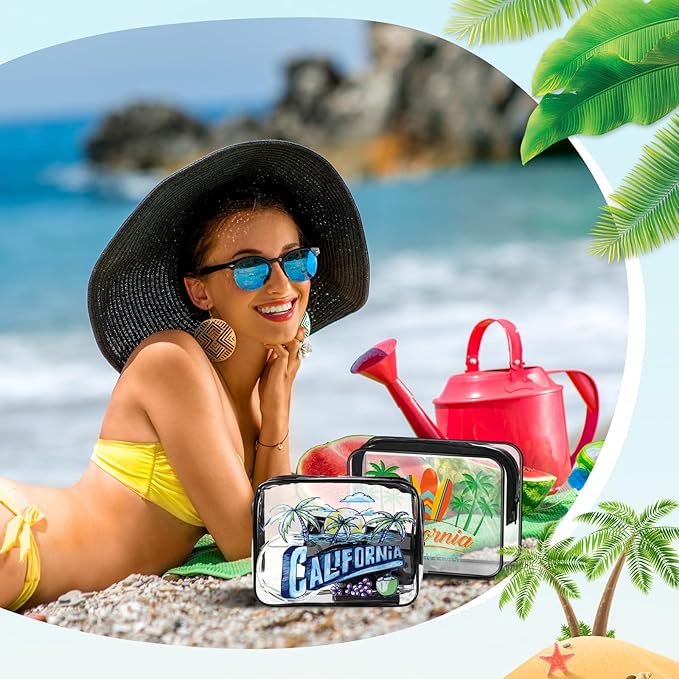 Reginary 10 Pcs California Souvenirs and Gifts Clear Beach Cosmetic Bags PVC Plastic Makeup Bags Waterproof Toiletry Handbags with Zipper Survival Kit Pouch Gifts for Women Travel Summer Vacation