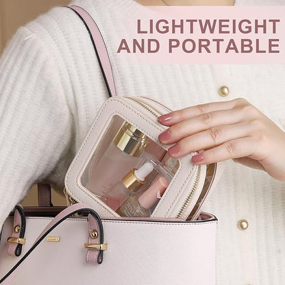 Clear Makeup Bag with Zipper Waterproof Travel Makeup Set for Cosmetics and Toiletries Women's Purse Organizer and Car Essentials (Beige, M+MINI)