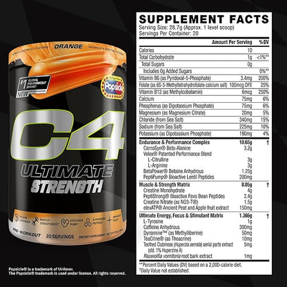 Cellucor C4 Ultimate Strength Pre Workout Powder - Tri-Stim Experience 300mg Caffeine+TeaCrine+Dynamine - Creatine & Beta-Alanine - Energy Supplement for Men & Women - Orange Popsicle, 20 Servings
