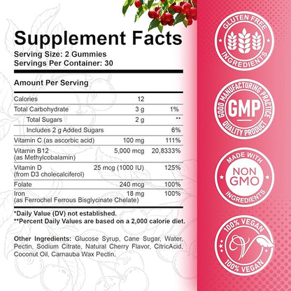 Vitamin B12 Gummies - 5000 mcg Methylcobalamin with Iron, Vitamin C, D3 & Folate, Energy Support and Metabolism, Immune, B-12 Complex Chewable Supplement for Men & Women, Vegan- 60 Count