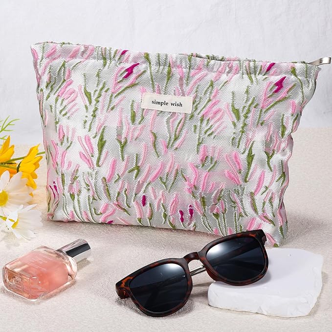 ZLFSRQ Flower Makeup Bag Travel Cute Floral Cosmetic Bags for Women Large Toiletry Pouch Zipper Cosmetic Pouch for Purse Aesthetic Embroidery Makeup Organizer Bag Portable Toiletry Bags(Green &Pink)