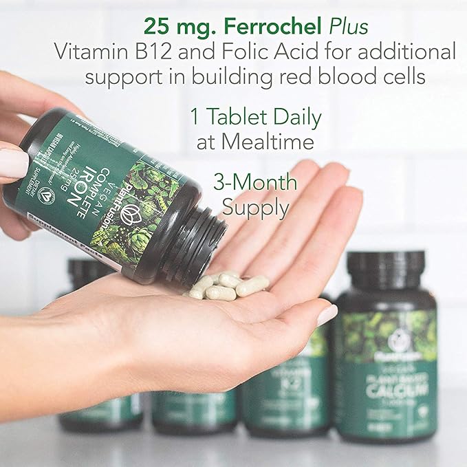 PlantFusion Vegan Iron Supplements from, Premium Plant Based Iron Supplements for Women and Men (25mg), Plus Folate & B12, 90 Veggie Capsules
