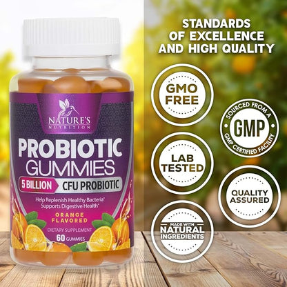 Probiotic Gummies for Digestive Health, Daily Probiotics for Women & Men, 5 Billion CFUs, Nature's Pro Biotics Gummy for Immune Support, Digestive Nutritional Supplements, Orange Flavor - 60 Gummies
