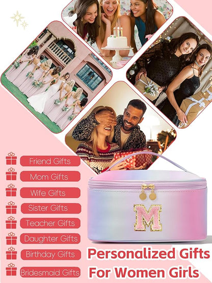 Meiyuuo Large Makeup Bag Cute Travel Pro Cosmetic Bags Personalized Chenille Letter Bag Travel Toiletry Organizer for Women Teen Girls Gifts for Her Preppy Rainbow Pink M
