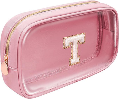 LETGO Initial Make Up Bag Travel Toiletry Bag, Clear Makeup Bag Preppy Cosmetic Bags Organizer Travel Essentials Pink Gifts for Women Teen Girlfriend Teacher Mom Brithday (Pink, T)
