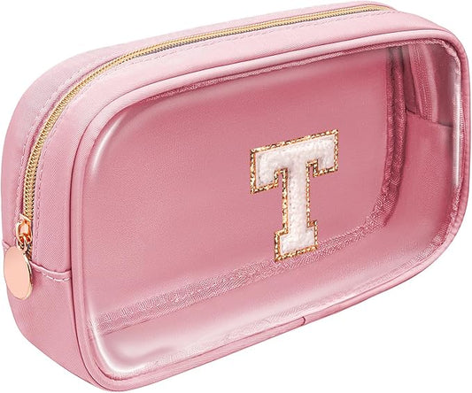 LETGO Initial Make Up Bag Travel Toiletry Bag, Clear Makeup Bag Preppy Cosmetic Bags Organizer Travel Essentials Pink Gifts for Women Teen Girlfriend Teacher Mom Brithday (Pink, T)