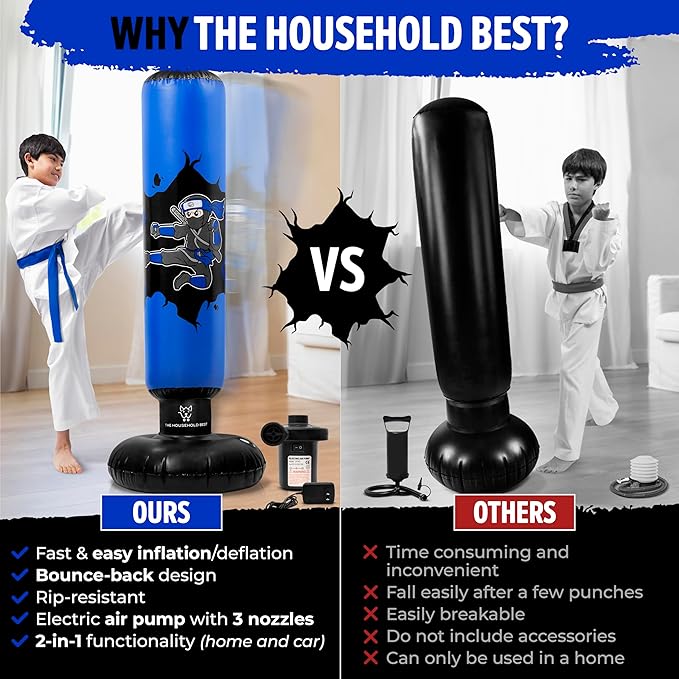 THB Punching Bag for Kids - Inflatable Punching Bag Stand with Boxing Gloves for Kids Age 3-8, 63” Ninja Boxing Bag with Electric Air Pump to Practice Taekwondo, Karate, MMA, Bouncing Back Boxing Set