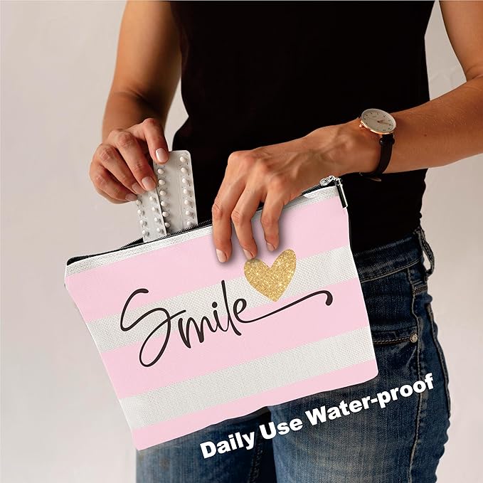 Stripes Makeup Bag - Smile - Heart Print Cosmetic Bag, Pink & White Toiletry Bag, Gift For Girls, Besties, Personal Care & Accessories - A29