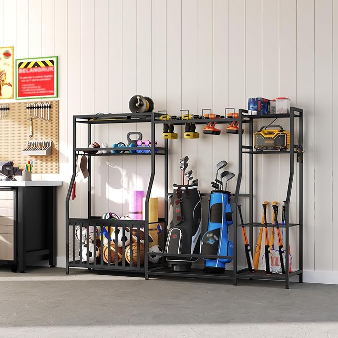 Sports Equipment Storage for Garage, Large Size Garage Storage,78.3" Ball Storage Rack, Sports Equipment Organizer with Hooks, Ball Holder for Football, Basketball, Black BEHB17201
