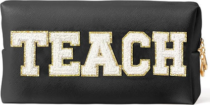 CY2SIDE TEACH Letter Makeup Bag - White TEACH Chenille Letter Patch Cosmetic Bag Black PU Leather Patch Travel Pouch Waterproof Portable Zipper Travel Organizer Case for Teacher Appreciation Gifts