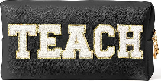 CY2SIDE TEACH Letter Makeup Bag - White TEACH Chenille Letter Patch Cosmetic Bag Black PU Leather Patch Travel Pouch Waterproof Portable Zipper Travel Organizer Case for Teacher Appreciation Gifts