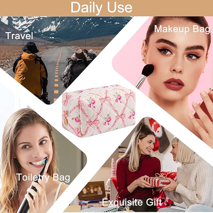 Quilted Cotton Makeup Bag Travel Cosmetic Bag for Women Girls, Zipper Make Up Pouch, Bow Pattern Toiletry Organizer Makeup, Portable Storage Bag (Pink Bowknot)