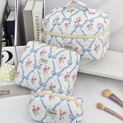 kingkiss Makeup Bag, Quilted Cosmetic Bag, Large Capacity Make Up Bag for Women, Cute Floral Storage Toiletry Bag Travel Storage Makeup Bag(Blue)