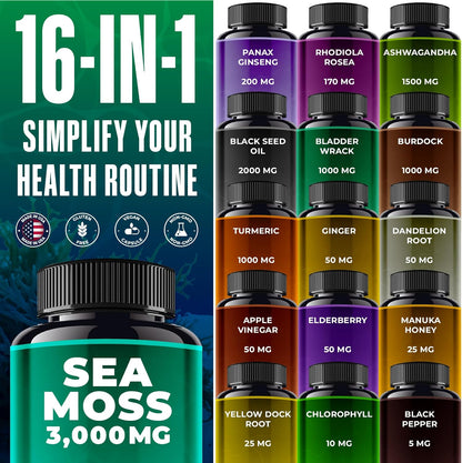 Sea Moss Black Seed Oil Ashwagandha Ginger - Advanced Irish Sea Moss Capsules All in One Supplement with Seamoss Black Seed Oil Ashwagandha Burdock Root Bladderwrack - Pills for Energy, Immune, Gut