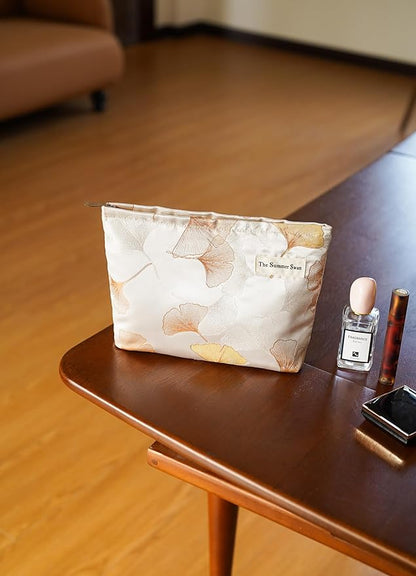 The Summer Swan | Large Aesthetic Makeup Bag | Floral Makeup Bag | Mid-day Clutch | Period Kit Bag | Hygiene Bag | Skincare Bag | Cute Makeup Bag (Ginko), CosmeticBag10575