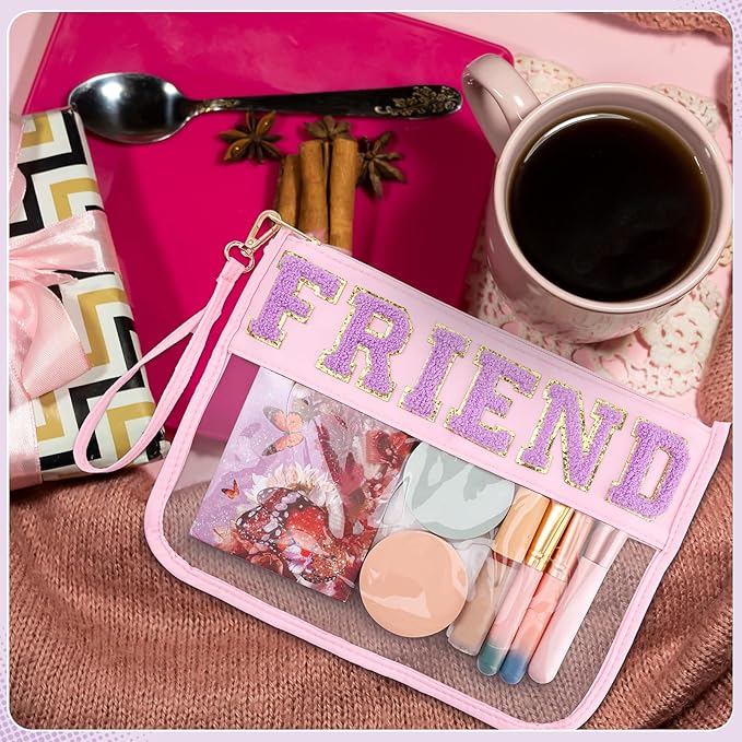 Hillban 2 Pcs Friends Makeup Cosmetic Bag Friendship Gifts for Women Chenille Letter Bag Clear Toiletry Pouch Travel Purse with Zipper Friendsgiving Birthday Gift