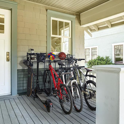 HEALTH LINE PRODUCT 4 Bike Stand Rack, Indoor Bike Storage, Bicycle Rack for Garage - Metal Stability Floor Bicycle Station for Parking Mountain/Road/Hybrid/Fat Tire & Scooters Bike Rack for Garage