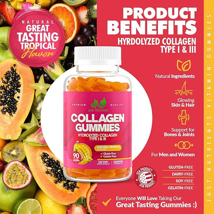Collagen Gummies for Women & Men (90 Count) - Hydrolyzed Collagen Type I & III for Hair, Skin, Nails & Joints - Gluten-Free, Non-GMO - 90 Gummies