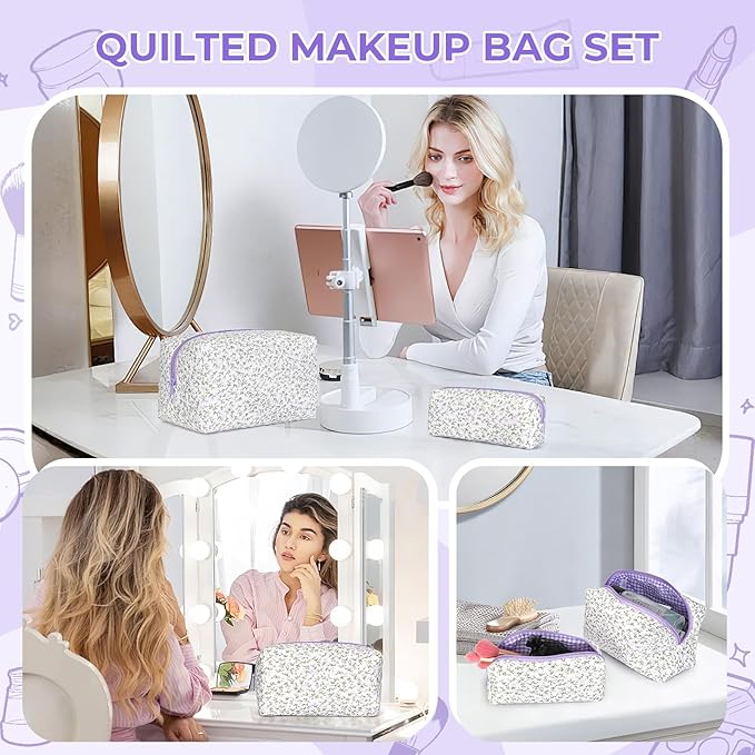 Quilted Makeup Bag Set,Large Floral Cosmetic Pouch For Women,Cute Cotton Brushes Storage Travel Toiletry Organizer Bags(Purple Floral)