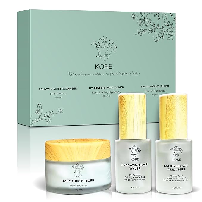 Kore Korean Skin Care Set–3-Piece Skincare Kit with Salicylic Acid Cleanser, Hydrating Toner & Daily Moisturizer–Vegan & PH Balancing Korean Skincare for Glass Skin–Skin Care Routine Kit for Women