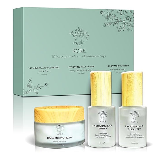 Kore Korean Skin Care Set–3-Piece Skincare Kit with Salicylic Acid Cleanser, Hydrating Toner & Daily Moisturizer–Vegan & PH Balancing Korean Skincare for Glass Skin–Skin Care Routine Kit for Women