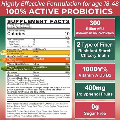 Akkermansia Probiotics Gummies with Prebiotics Fiber, 300 Billion AFU Akkermansia Muciniphila, with Polyphenol Fruits, Resistant Starch, Vitamin A D3 B2 for Metabolism, Digestive & Gut Health, 1Pack