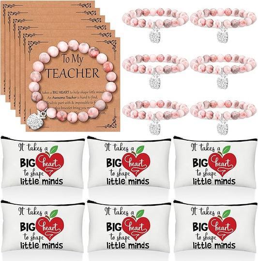 Tondiamo 6 Sets Teacher Graduation Appreciation Gifts for Women Include 6 Natural Stone Bracelets 6 Cards 6 Canvas Makeup Bags Back to School End of Year Teacher Gifts for Retirement Birthday