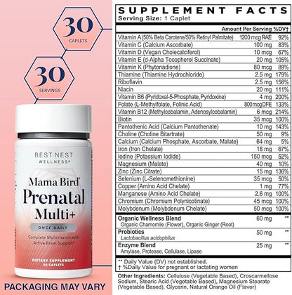 Best Nest Wellness Mama Bird Prenatal Vitamin: Vegan Prenatal Vitamins for Women w/Methylfolate (Folic Acid) w/Organic Herbal Blend, Prenatal Vitamins for Women B12, Choline, Once Daily, 30 Count