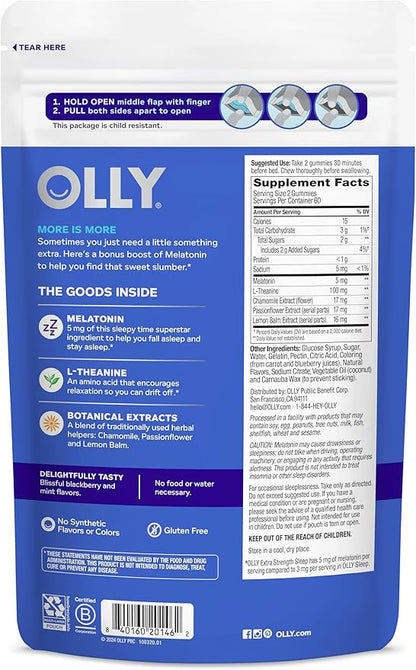 OLLY Extra Strength Sleep Gummy, Occasional Sleep Support, 5 mg Melatonin, L-Theanine, Chamomile, Lemon Balm Extracts, Sleep Aid, BlackBerry Flavor - 120 Count (Packaging May Vary)