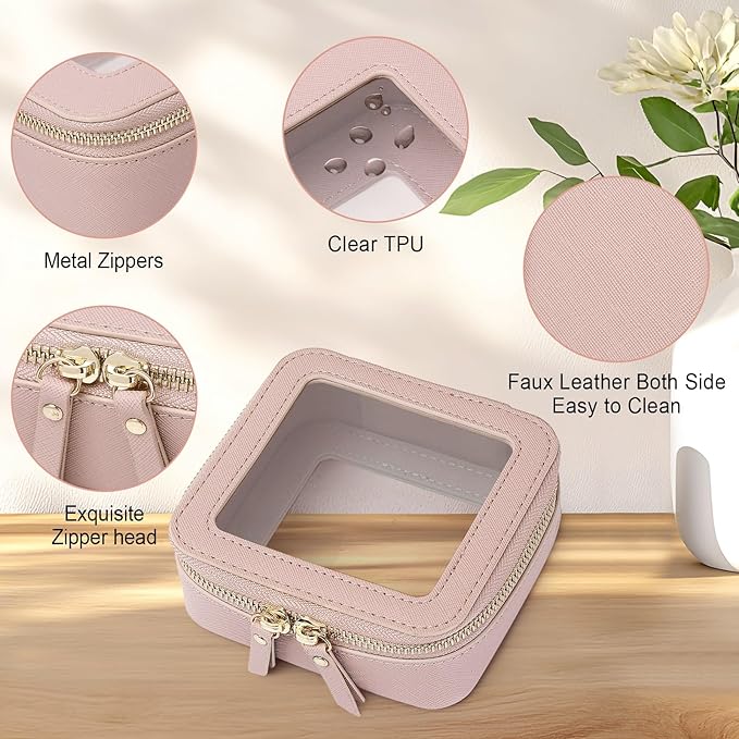 Small Makeup Bag Mini Clear Cosmetic Makeup Case & Toiletry Bag with Zipper Women's Purse Organizer & Car Essentials (Pink, MINI-3)