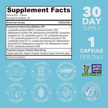 Extra Strength Probiotic for Digestive Health and Immune Support, 60 Billion CFU & 15 Strains, Gut Health Probiotics for Men and Women Supports Occasional Constipation, Diarrhea, Gas & Bloating, 30CT
