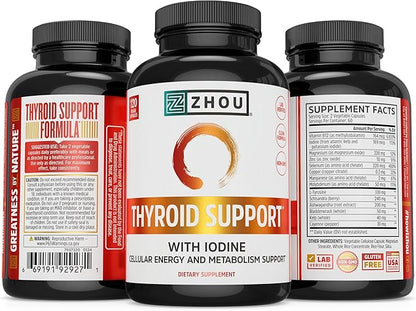 Zhou Thyroid Support Complex with Iodine Supplement, Increase Energy, Fight Brain Fog with Vitamin B12, Iodine, Magnesium, Zinc, Selenium, No Soy, Gluten-Free, 60 Servings, 120 Caps