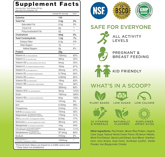 TRU Plant Based Protein Powder, BCAA, EAA, 20g Vegan Protein, 100 Calories, 27 Vitamins, No Artificial Flavors 25 Servings (Vanilla)