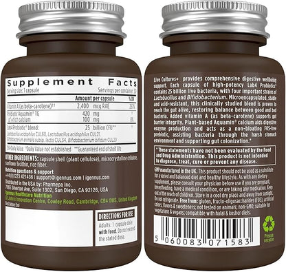 Live Cultures+ Lab4 Probiotics & Prebiotic, Lactobacillus Acidophilus & Bifidobacterium, Guaranteed 25 Billion CFU,Vegan, Non-Bloating Gut Health Support, Non-GMO, 6 x 30 Capsules, by Igennus