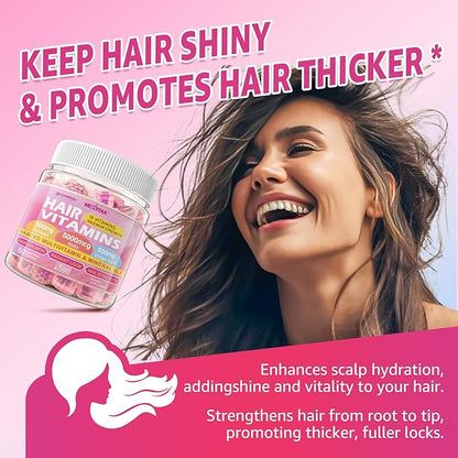 Hair Vitamins Gummies + Collagen Peptides, Biotin, Omega-3 6 9 for Women Men/w Vitamin A, C, B, Iron, Zinc - Multivitamin Gummies for Follicles, Hair Growth & Strength, Skin, Nails Health - 60Cts