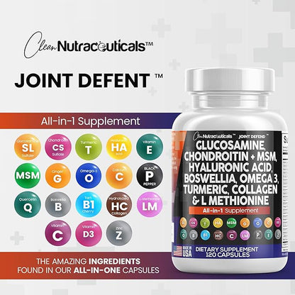 Clean Nutraceuticals Glucosamine Chondroitin MSM Turmeric Hyaluronic Acid Boswellia Collagen Tart Cherry - Joint Support Supplement Omega 3 Pills Ginger Quercetin Capsules - 120 Count USA