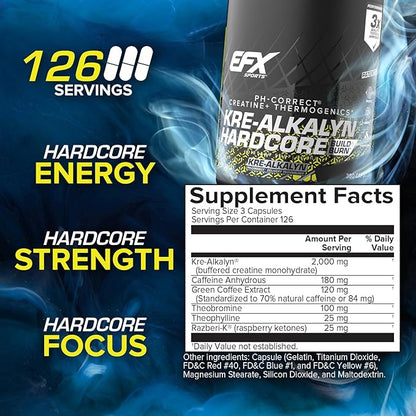 EFX Sports Kre-Alkalyn Hardcore | Thermogenic pH Correct Creatine Monohydrate Pill Supplement | Energy & Strength Pre Workout | 126 Servings, 380 Capsules